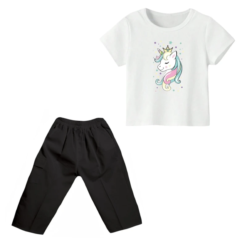 ست تی شرت و شلوارک دخترانه مدل یونیکورن کد ۲۴ رنگ سفید