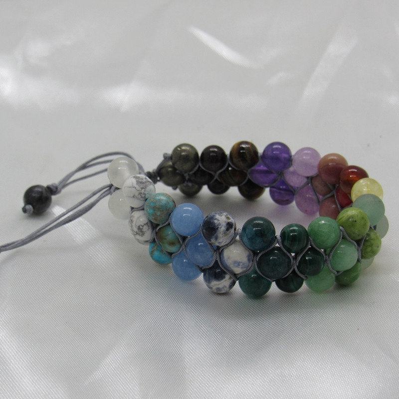 دستبند مدل رنگین کمانی هفت چاکرا سه ردیفه