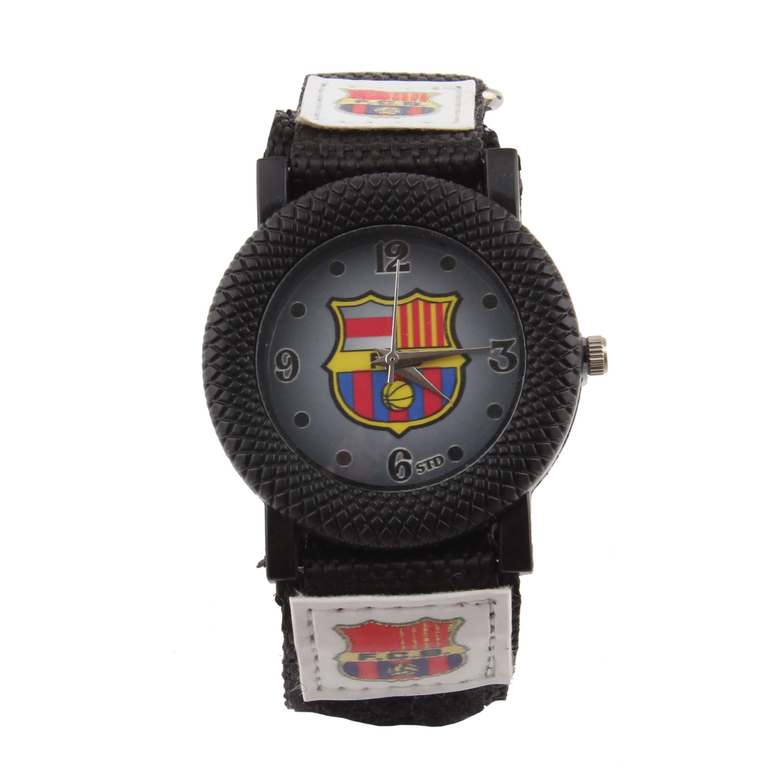 ساعت مچی عقربه ای پسرانه مدل ورزشی بند کتان چسبی طرح بارسلونا کد WHK_099