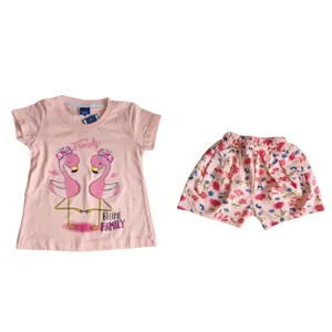 ست تی شرت و شلوارک دخترانه مدل فلامینگو صورتی