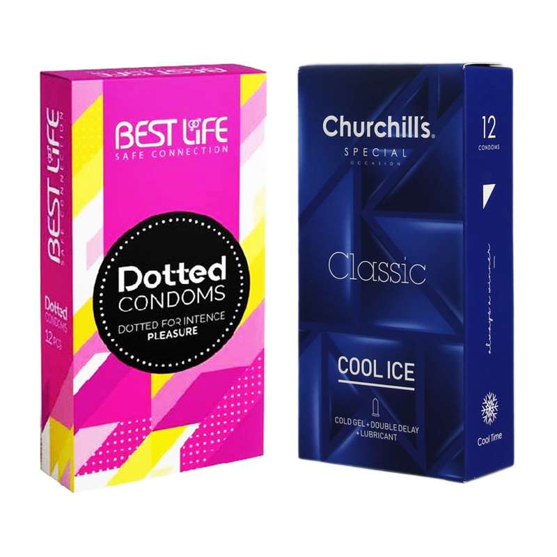 کاندوم چرچیلز مدل Cool Ice بسته 12 عددی به همراه کاندوم بست لایف مدل Dotted بسته 12 عددی
