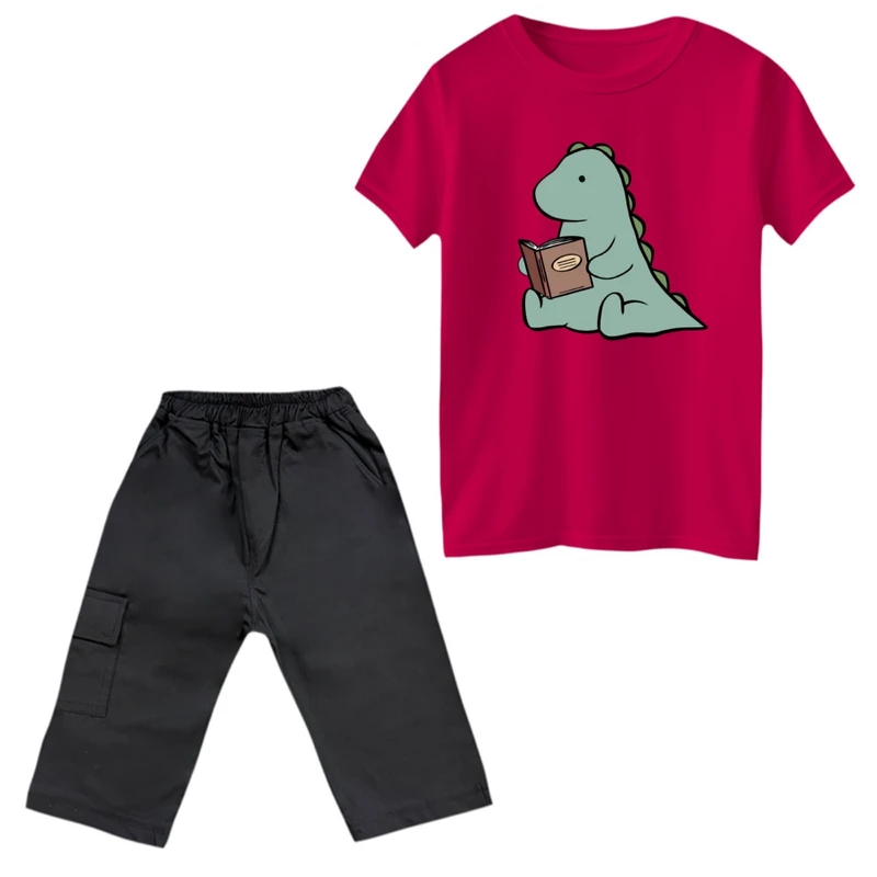 ست تی‌شرت و شلوارک پسرانه مدل دایناسور و کتاب
