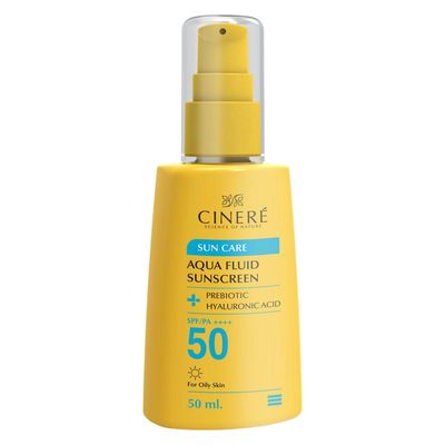 فلوئید ضد آفتاب بی‌رنگ سینره، 50 SPF، مدل PREBIOTIC، مناسب پوست‌های چرب با حجم 50 میلی‌لیتر، فاقد پارابن، محافظت‌کننده در برابر اشعه‌های UVA و PA ،UVB++++، دارای فرمولاسیون فاقد چربی و هیالورونیک اسید، با ماندگاری 2 ساعته