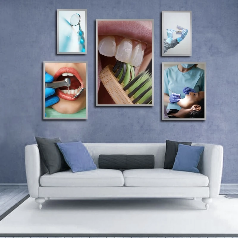 تابلو بکلیت طرح دندانپزشکی و بهداشت دندان مدل شاین اکلیلی SI-2274 فریم نقره ای مجموعه 5 عددی