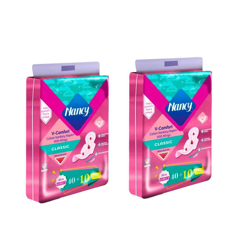 نوار بهداشتی بالدار ضخامت متوسط نانسی مدل fluff non woven سایز متوسط دو بسته 50 عددی