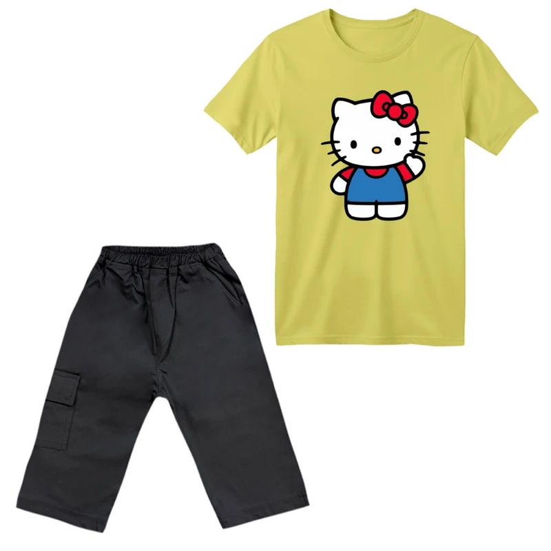 ست تی‌شرت آستین کوتاه و شلوارک دخترانه مدل کیتی کد ۳