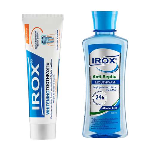 خمیر دندان ایروکس مدل 01 حجم 100 میلی لیتر به همراه دهان شویه مدل آنتی سپتیک حجم 250 میلی لیتر