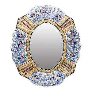 آینه خاتم کاری چوبی صنایع دستی فاخر مدل الیپتیک طرح گل و مرغ برجسته کد Bl51p44