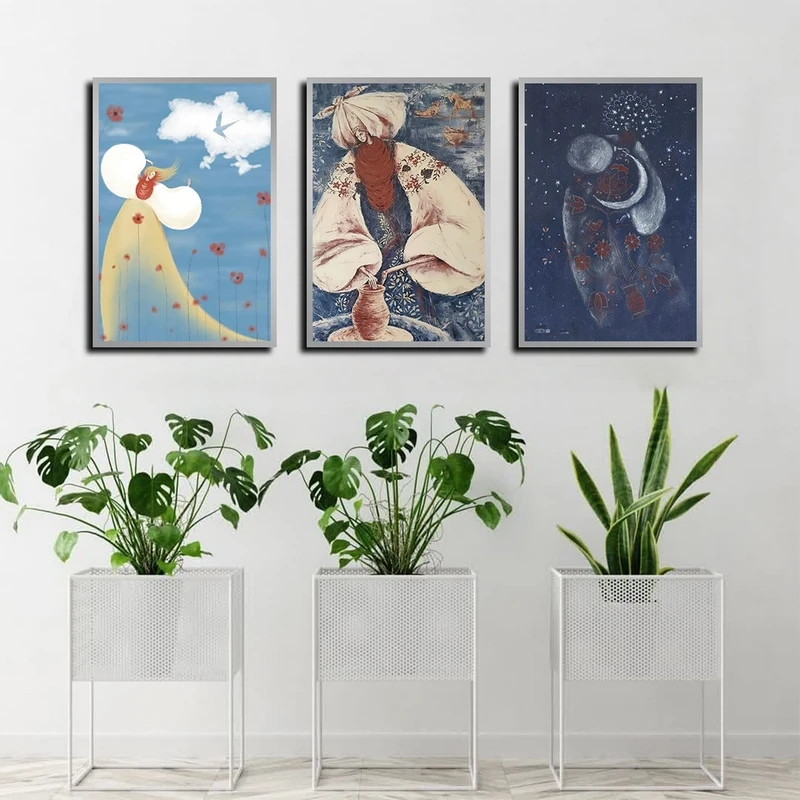 تابلو بکلیت طرح نقاشی مدرن و دکوراتیو مدل SI-4015 فریم نقره ای مجموعه 3 عددی