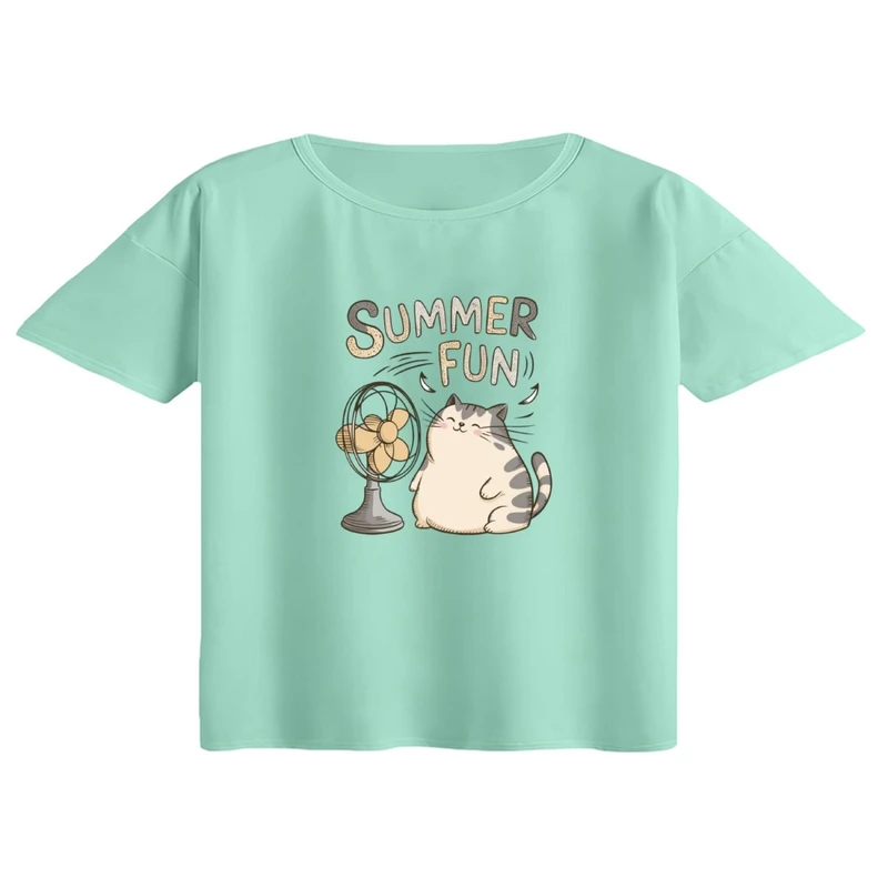 کراپ تی‌شرت آستین کوتاه زنانه مدل گربه گرمایی