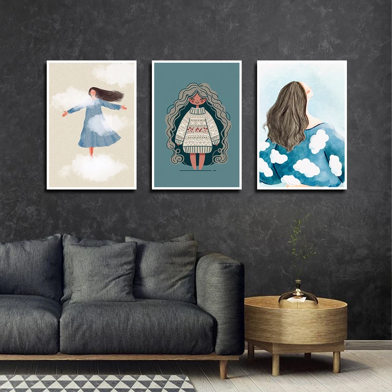 تابلو بکلیت طرح نقاشی فانتزی و مدرن دخترانه مدل W-3712 فریم سفید مجموعه 3 عددی