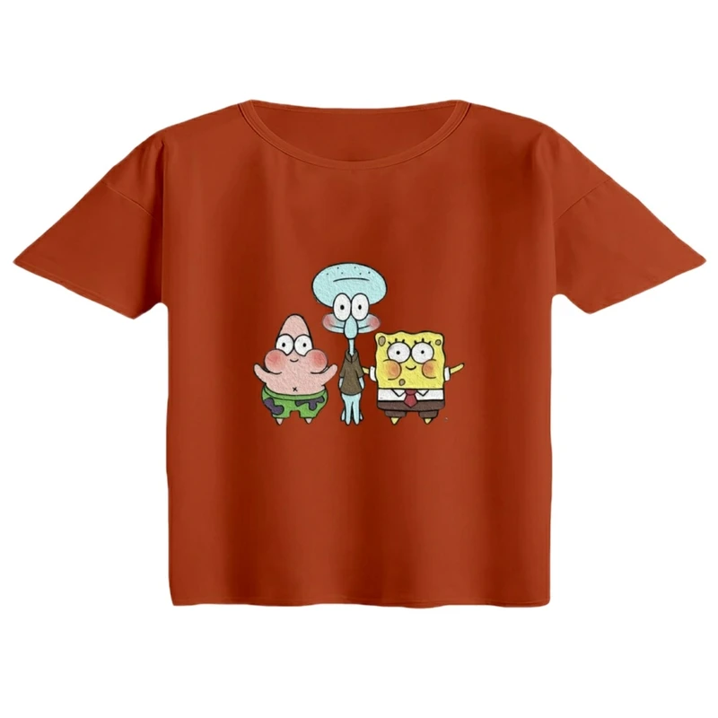کراپ تی‌شرت آستین کوتاه زنانه مدل باب اسفنجی و دوستان
