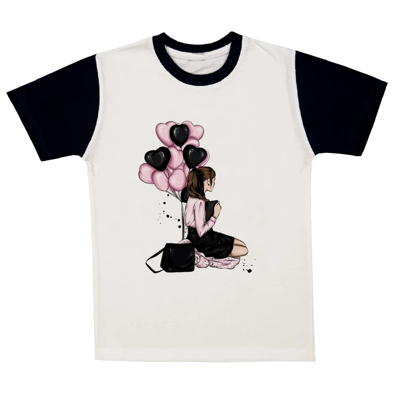 تی‌شرت آستین کوتاه دخترانه مدل A84 طرح دختر و بادکنک