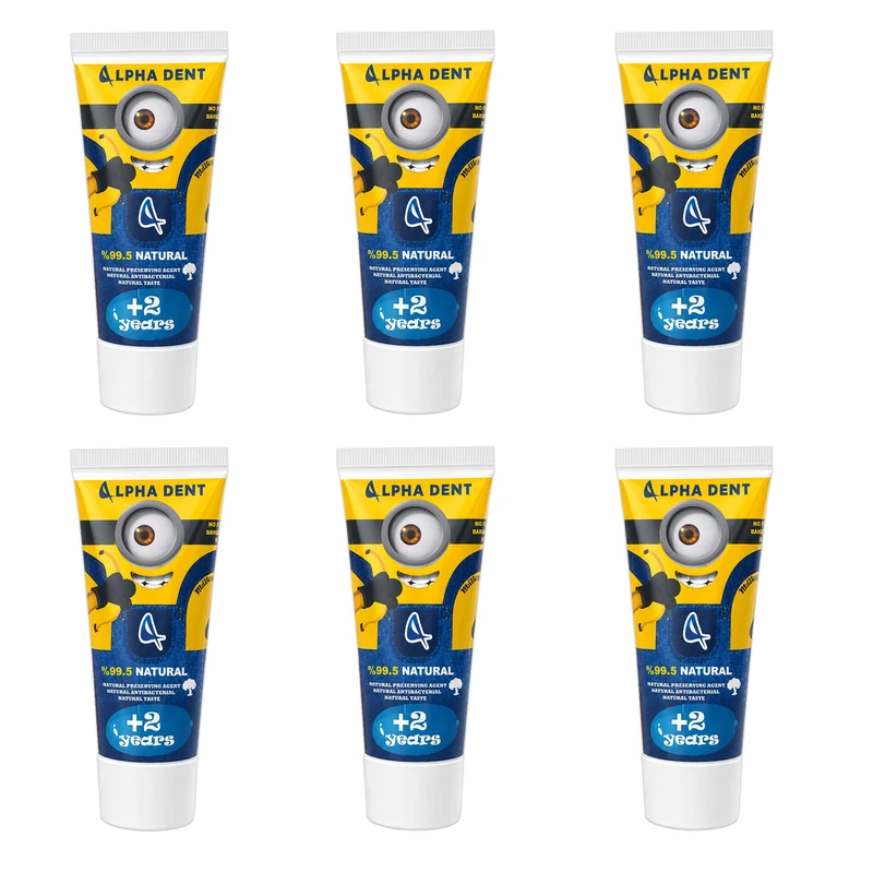خمیردندان کودک آلفادنت مدل T-B-MINIONS6 حجم 70 میلی‌لیتر مجموعه 6 عددی