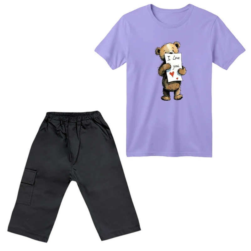 ست تی‌شرت آستین کوتاه و شلوارک دخترانه مدل تدی عاشق