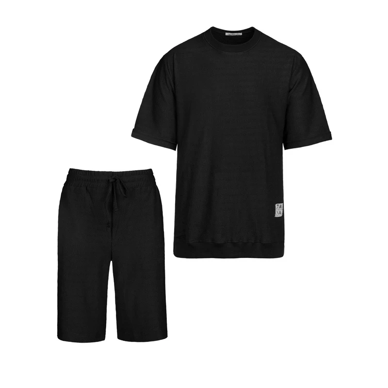 ست تی شرت آستین کوتاه و شلوارک راحتی مردانه مدل SB-SS-021358 رنگ مشکی