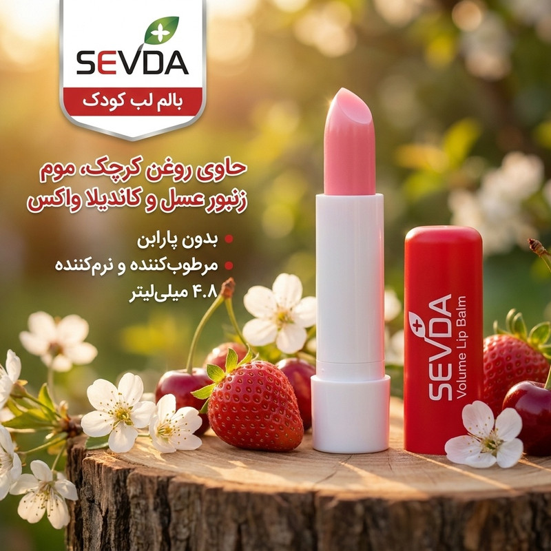 بالم لب کودک سودا مدل گیلاس و توت فرنگی حجم 4.8 میلی‌لیتر، حاوی روغن کرچک، موم زنبور عسل و کاندیلا واکس، بدون پارابن، مرطوب‌کننده و نرم‌کننده
