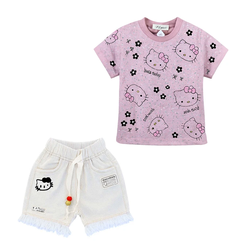 ست تی‌شرت آستین کوتاه و شلوارک دخترانه مدل کتان نگین دار طرح کیتی