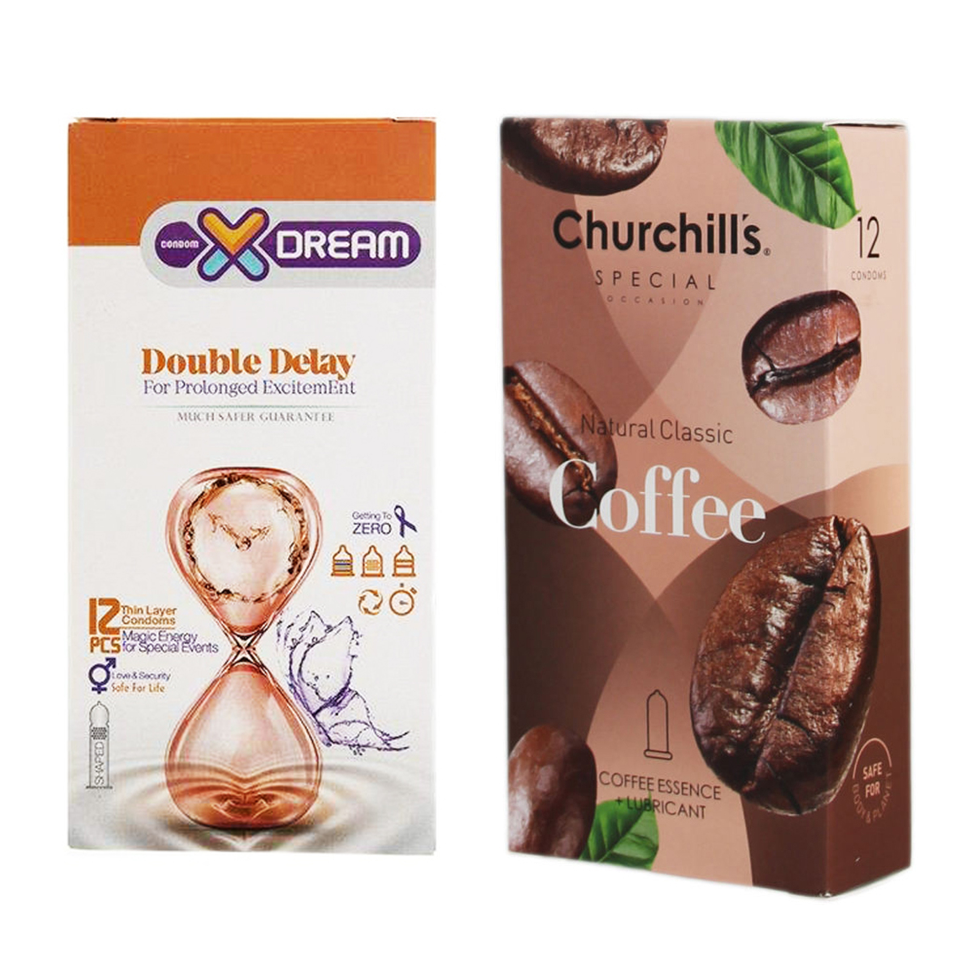 کاندوم چرچیلز مدل Coffee بسته 12 عددی به همراه کاندوم ایکس دریم مدل Double Delay بسته 12 عددی