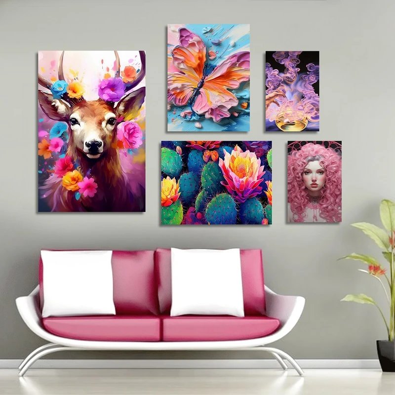 تابلو شاسی بکلیت طرح آهو و گل رنگی و پروانه مدل SH-1143  مجموعه 5 عددی