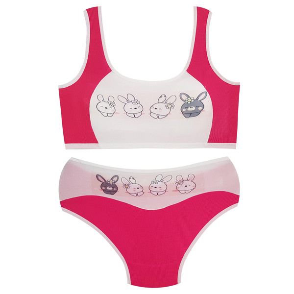 ست شورت و نیم تنه دخترانه ماییلدا مدل پددار خرگوش خندان کد 5164-7 رنگ سرخابی