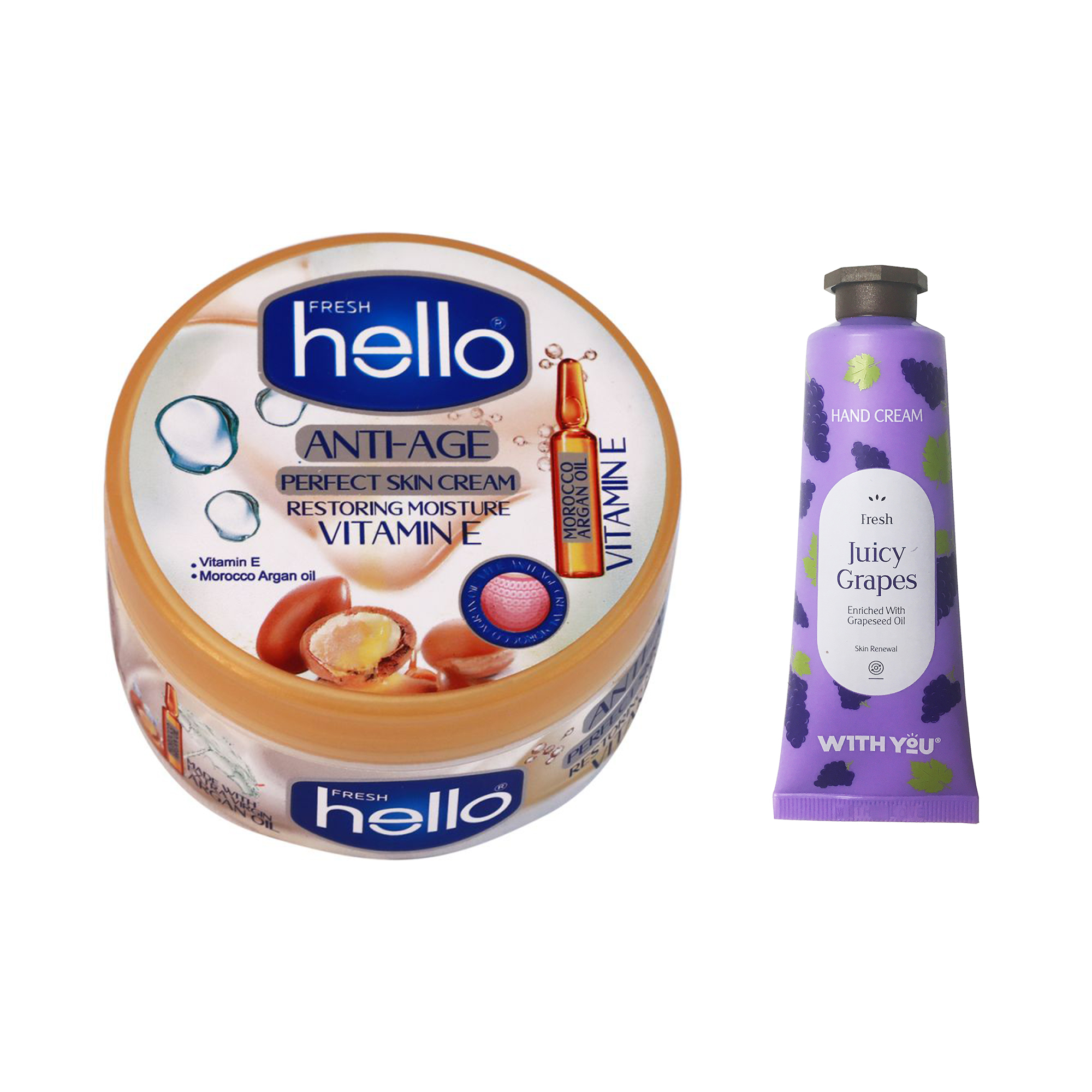 کرم مرطوب کننده هلو فرش مدل آرگان حجم 240 میلی لیتر به همراه کرم مرطوب کننده ویت یو مدل Juicy Grapes حجم 50 میلی لیتر 