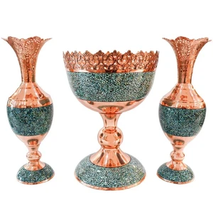 ست 3 تکه آجیل خوری و گلدان فیروزه کوبی مسی مدل f052 کد f148