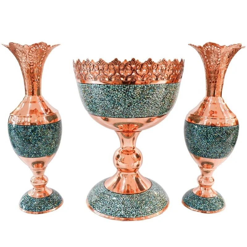 ست 3 تکه آجیل خوری و گلدان فیروزه کوبی مسی مدل f052 کد f148