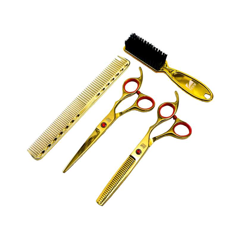 ست قیچی آرایشگاهی و شانه مو و برس فید فینی کد 007 مجموعه 4 عددی