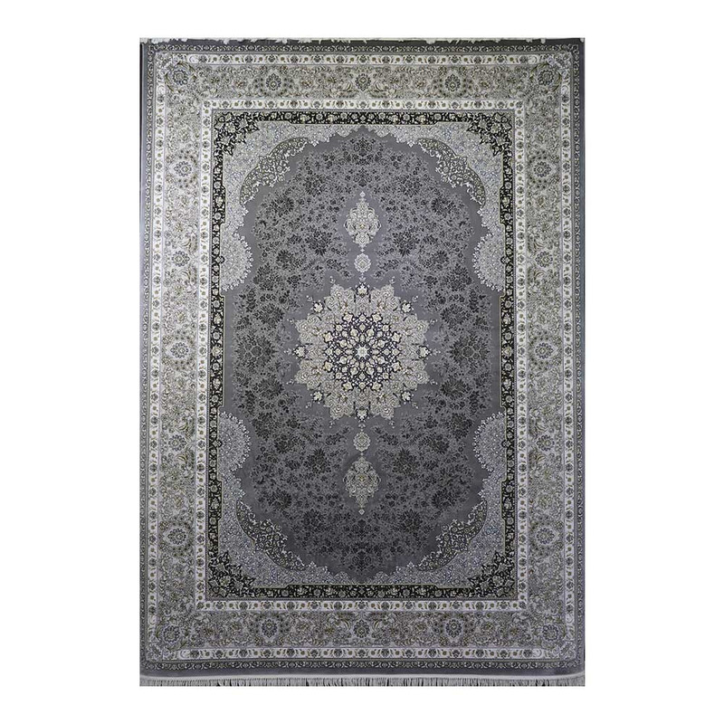 فرش ماشینی 700 شانه فرش زمرد مشهد زمینه دودی لایت حاشیه دودی مدل 30010