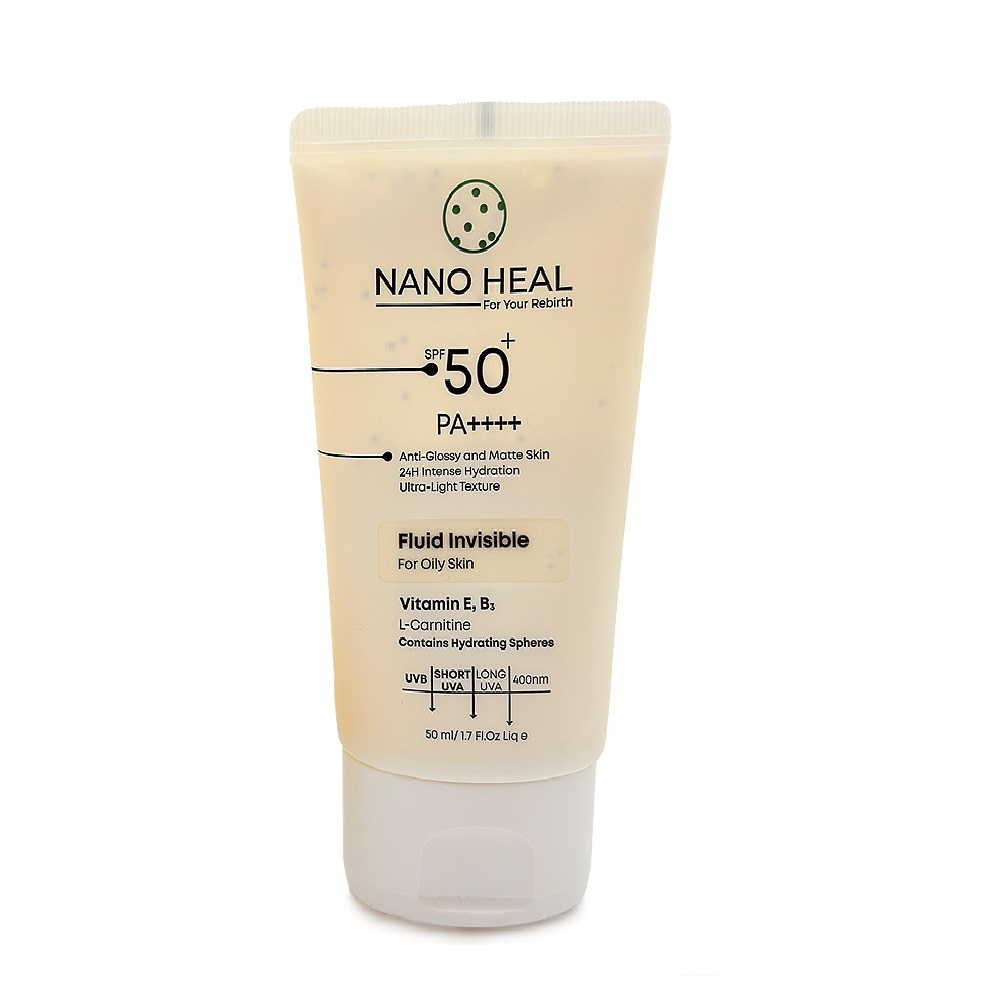 فلوئید ضد آفتاب نانوهیل SPF 50 مدل 002 ‌محافظ UVA ،UVB مناسب برای پوست‌های چرب حجم 50 میلی‌لیتر