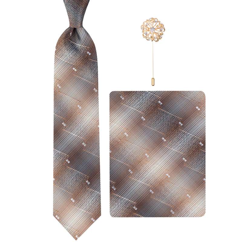 ست کراوات و دستمال جیب و گل کت مردانه مدل GF-ST1052RE-BR 