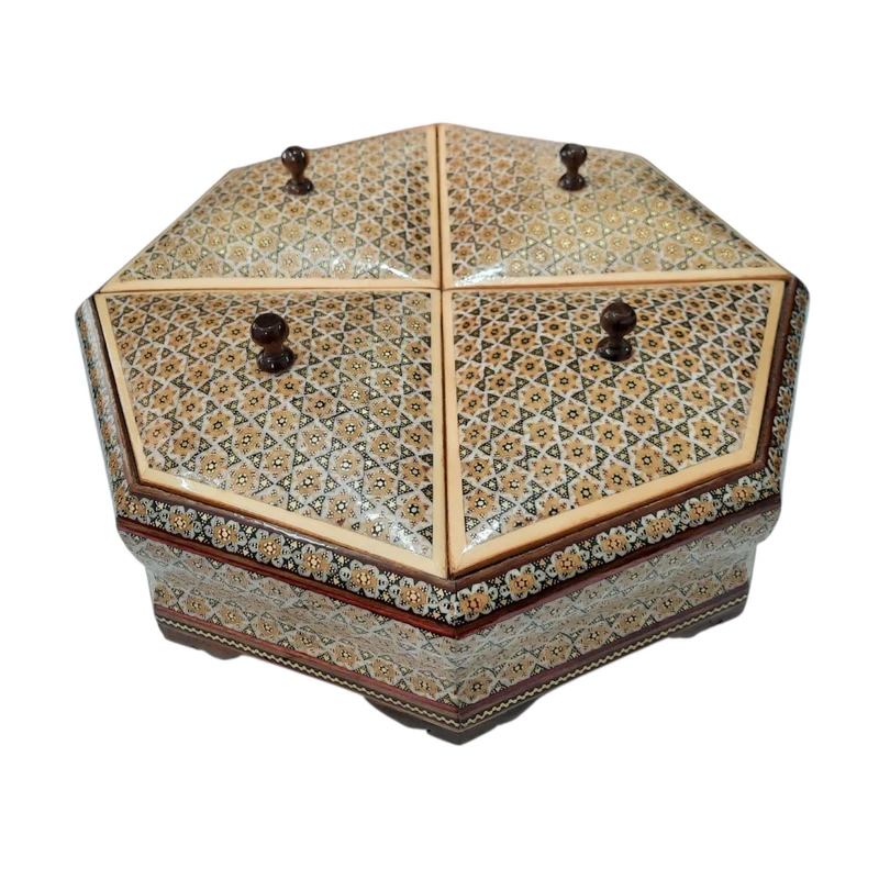شکلات خوری خاتم کاری چوبی مدل چهار درب هشت گوش خورشیدی کد 140544