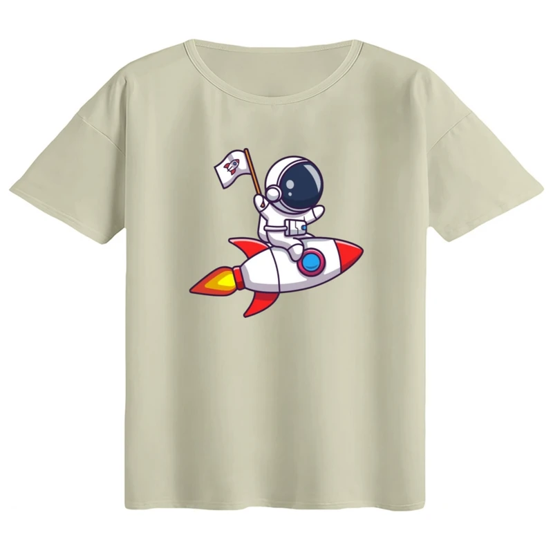 تی‌شرت  اورسایز آستین کوتاه زنانه مدل باکسی طرح فضانورد کد ۱۸ رنگ کرم 