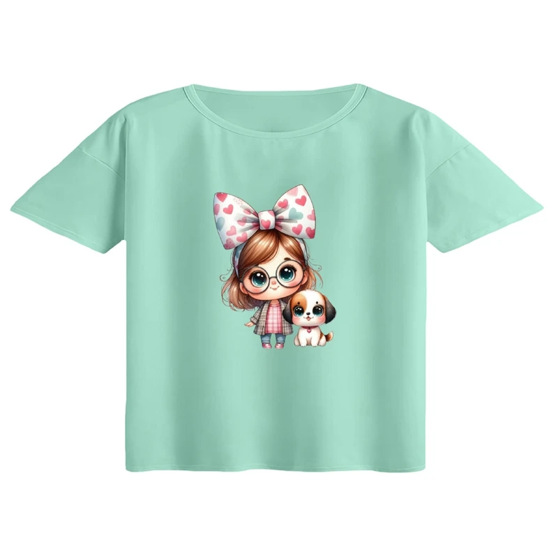 کراپ تی‌شرت آستین کوتاه زنانه مدل دخترک و هاپو