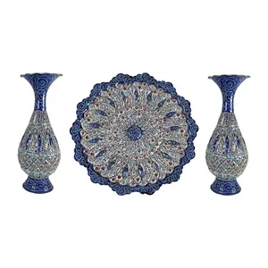 ست 3 تکه بشقاب و گلدان  میناکاری مسی مدل شیرازی کد B30