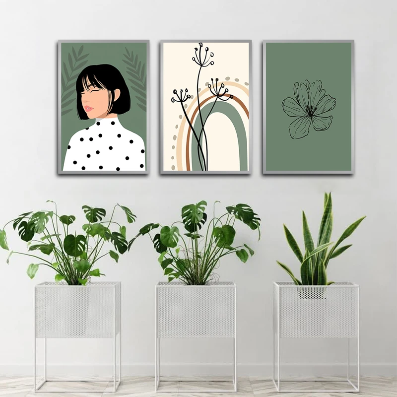 تابلو بکلیت طرح نقاشی مینیمال گل و چهره مدل SI-3305 فریم نقره ای مجموعه 3 عددی