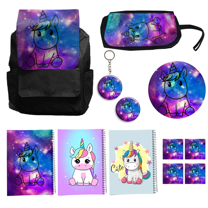 کوله پشتی مدل یونیکورن تک شاخ به همراه دفتر مشق و جامدادی و زیر لیوانی و جاکلیدی کد A1 Unicorn مجموعه 12 عددی