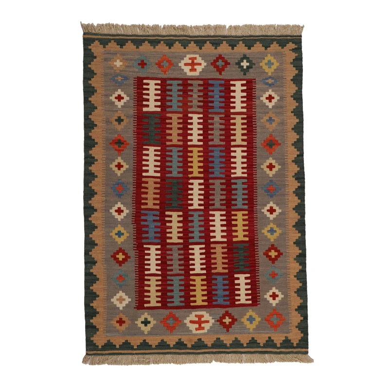 گلیم دستبافت یک و نیم متری مدل قشقایی کد 4040751 زمینه قرمز