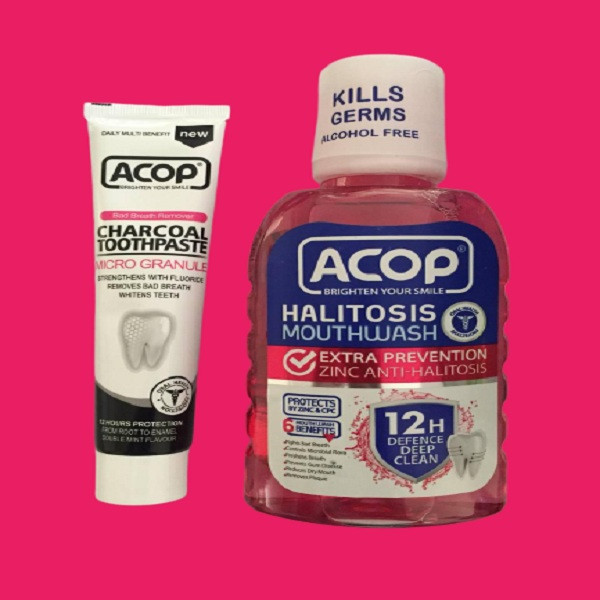 دهان شویه آکوپ مدل Halitosis حجم 300 میلی لیتر به همراه خمیر دندان آکوپ مدل Charcoal حجم 90 میلی لیتر
