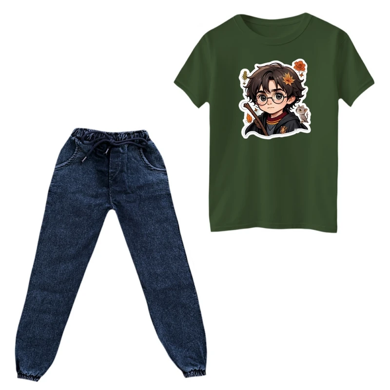 ست تی‌شرت و شلوار پسرانه مدل هری پاتر کد ۲ رنگ یشمی