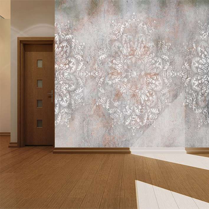 پوستر دیواری سه بعدی مدل پتینه طوسی داماسک گل سفید DVRF2532