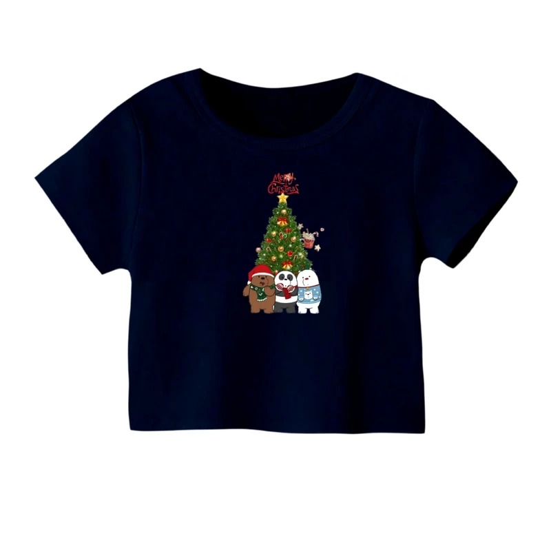 کراپ‌ تی‌شرت آستین کوتاه زنانه مدل خرس کریسمس کد 6