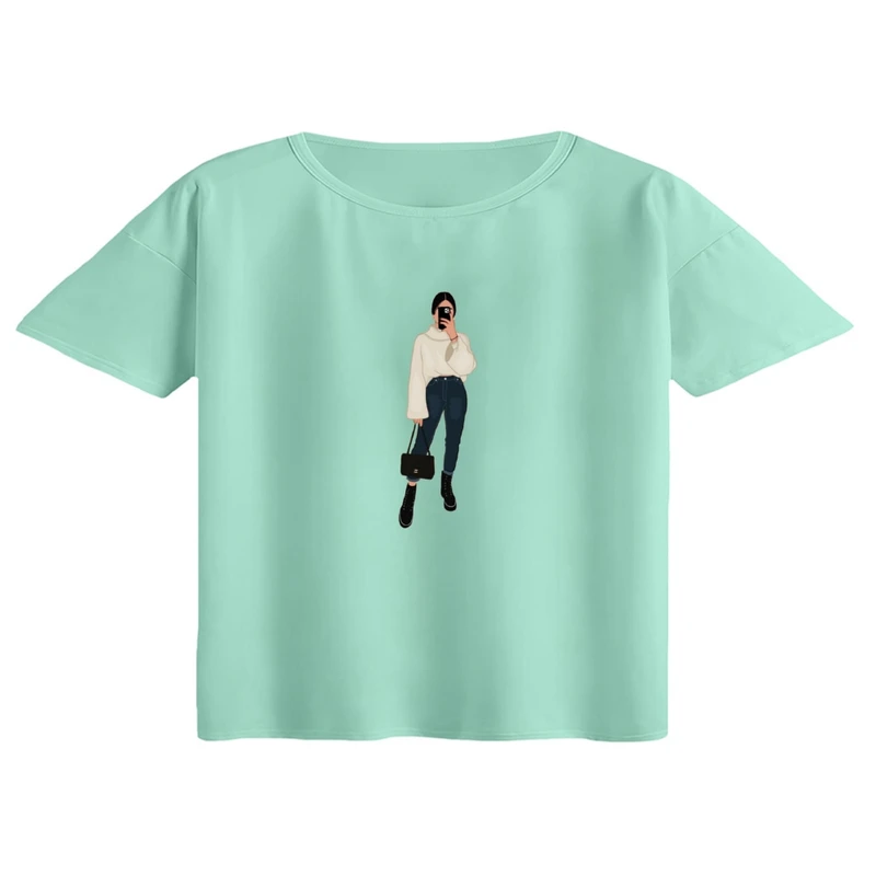 کراپ تی‌شرت آستین کوتاه زنانه مدل دختر ایستاده رنگ سبز روشن