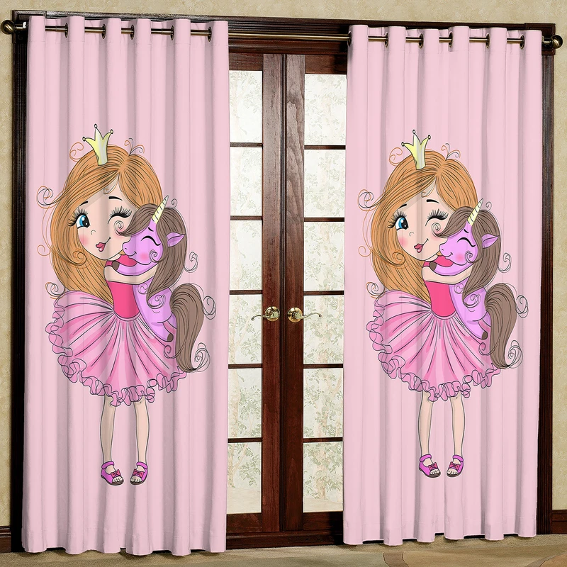 پرده طرح کودک اسب تک شاخ و دختر مدل مخمل پانچی کد 2_1564 W سایز 140x202 سانتی متر