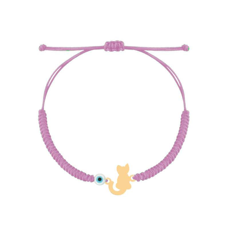 دستبند طلا 18 عیار بچگانه با بند بافت درگونه مدل گربه و چشم نظر