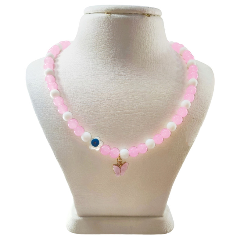 گردنبند دخترانه مدل پروانه و چشم نظر و سنگ اونیکس