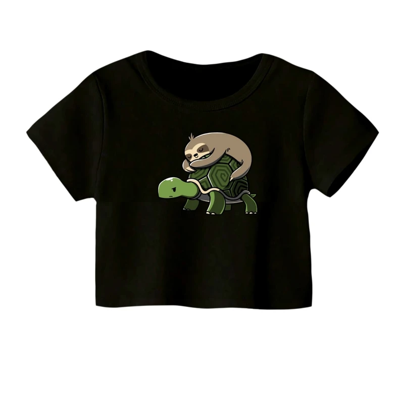 کراپ‌ تی‌شرت آستین کوتاه زنانه مدل لاکپشت و تنبل