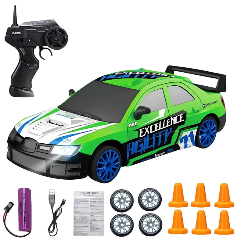 ماشین بازی کنترلی ناب سل مدل سوبارو دریفت شارژی سرعتی 15km/h به همراه لاستیک زاپاس و علائم رانندگی کد SUBARU DRIFT CAR RETURNS NAAB006