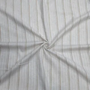 پارچه لباس عرض 1.5 متر مدل لینن شسته شده ترک راه راه رنگ کرم